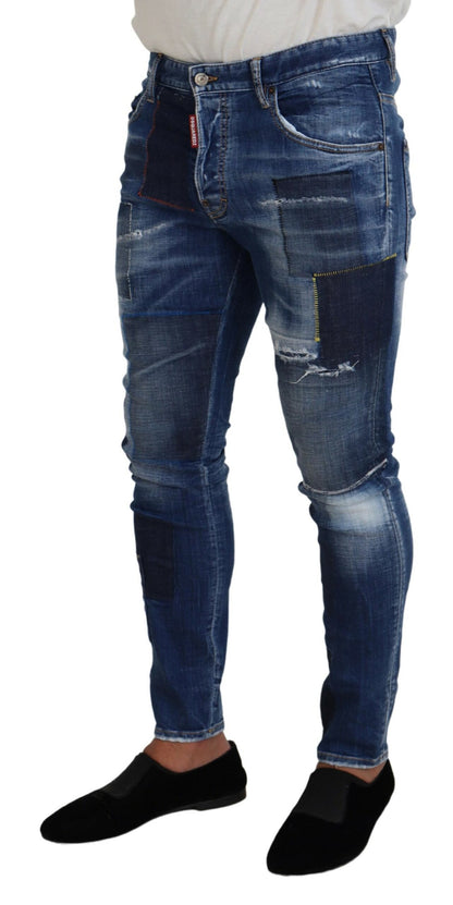 Dsquared² Blue Washed Patchwork Skinny Men Denim Jeans Dsquared²