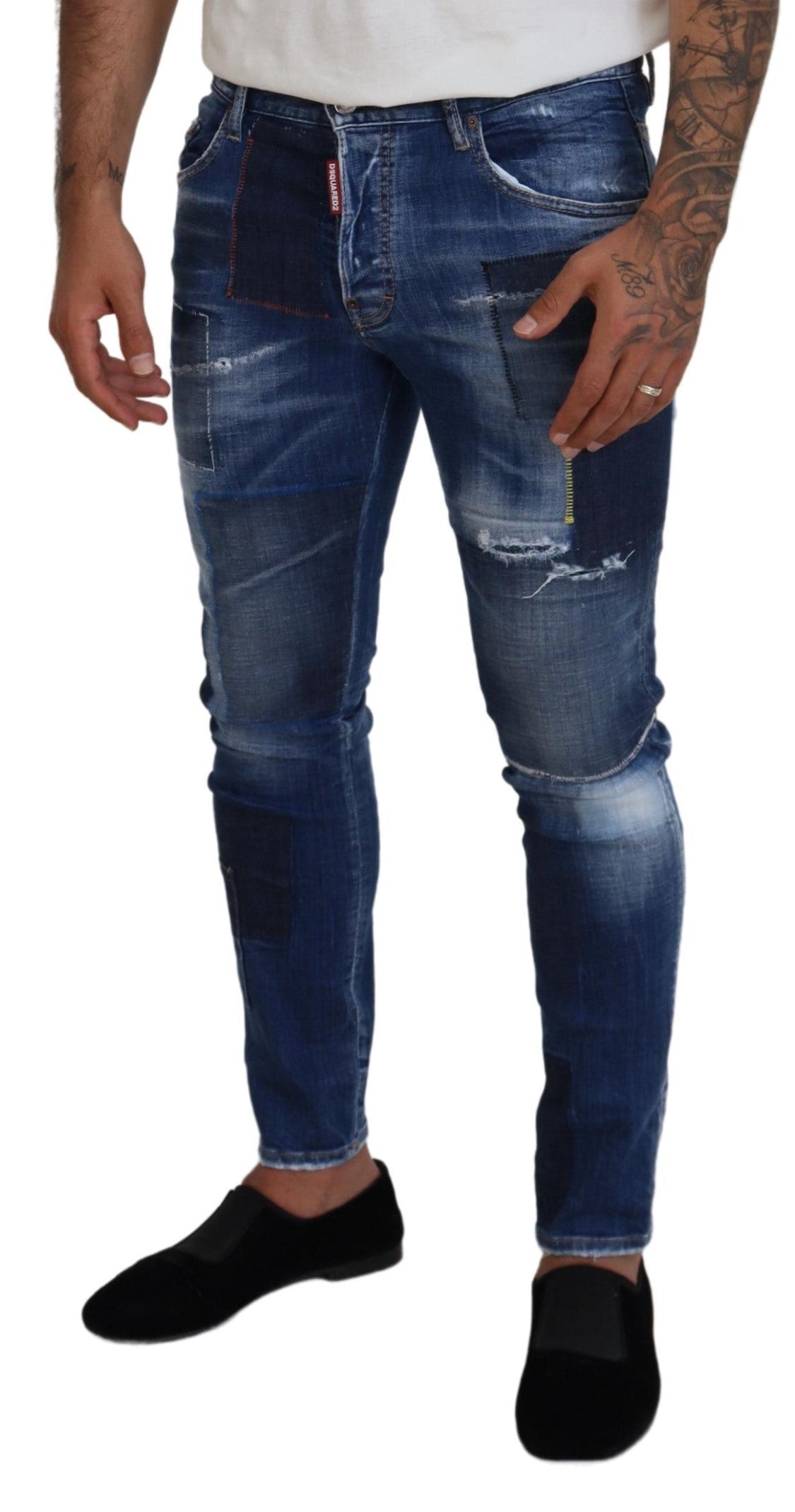 Dsquared² Blue Washed Patchwork Skinny Men Denim Jeans Dsquared²