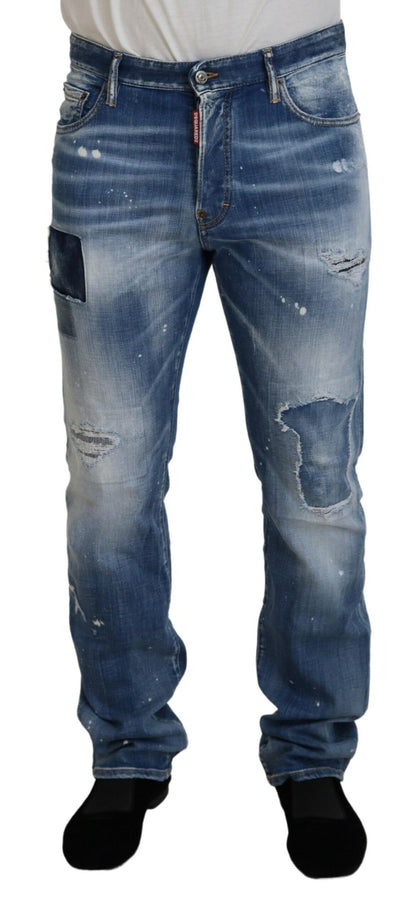 Dsquared² Blue Washed Tattered Straight Fit Casual Denim Jeans Dsquared²