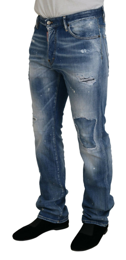 Dsquared² Blue Washed Tattered Straight Fit Casual Denim Jeans Dsquared²