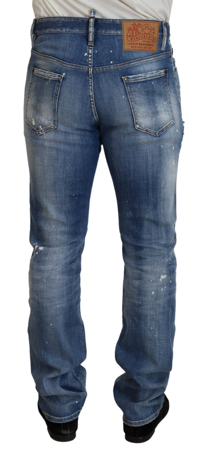 Dsquared² Blue Washed Tattered Straight Fit Casual Denim Jeans Dsquared²