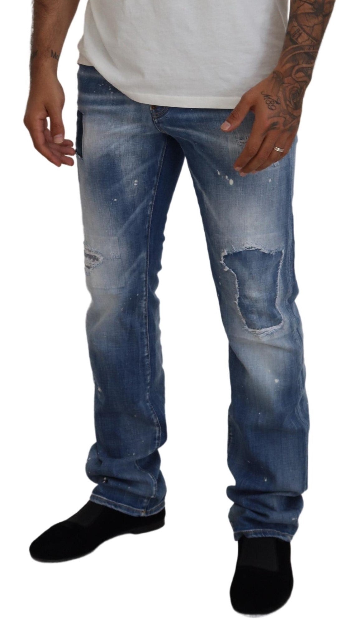 Dsquared² Blue Washed Tattered Straight Fit Casual Denim Jeans Dsquared²