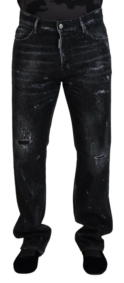 Dsquared² Black Crystal Embellished Tattered Denim Jeans Dsquared²