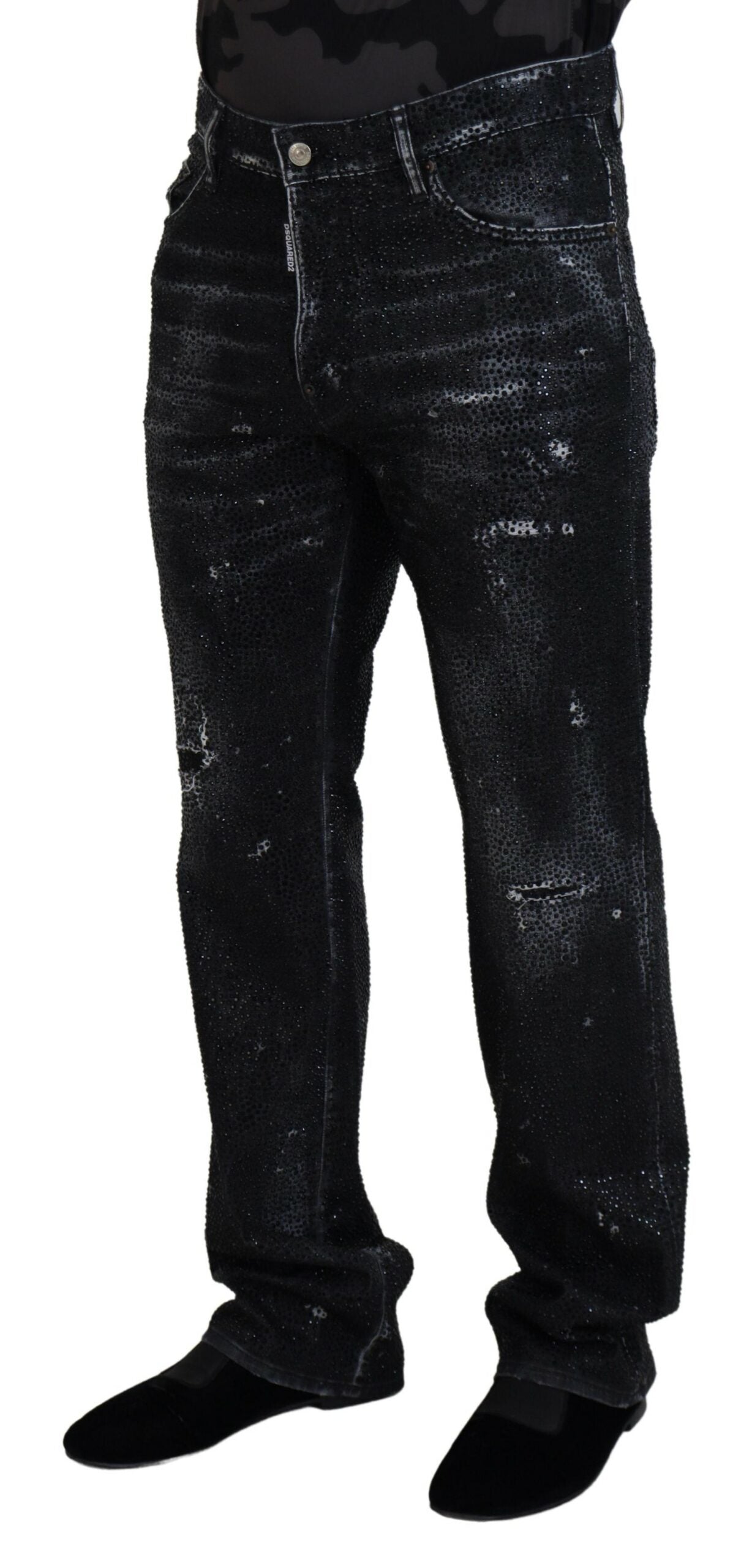 Dsquared² Black Crystal Embellished Tattered Denim Jeans Dsquared²