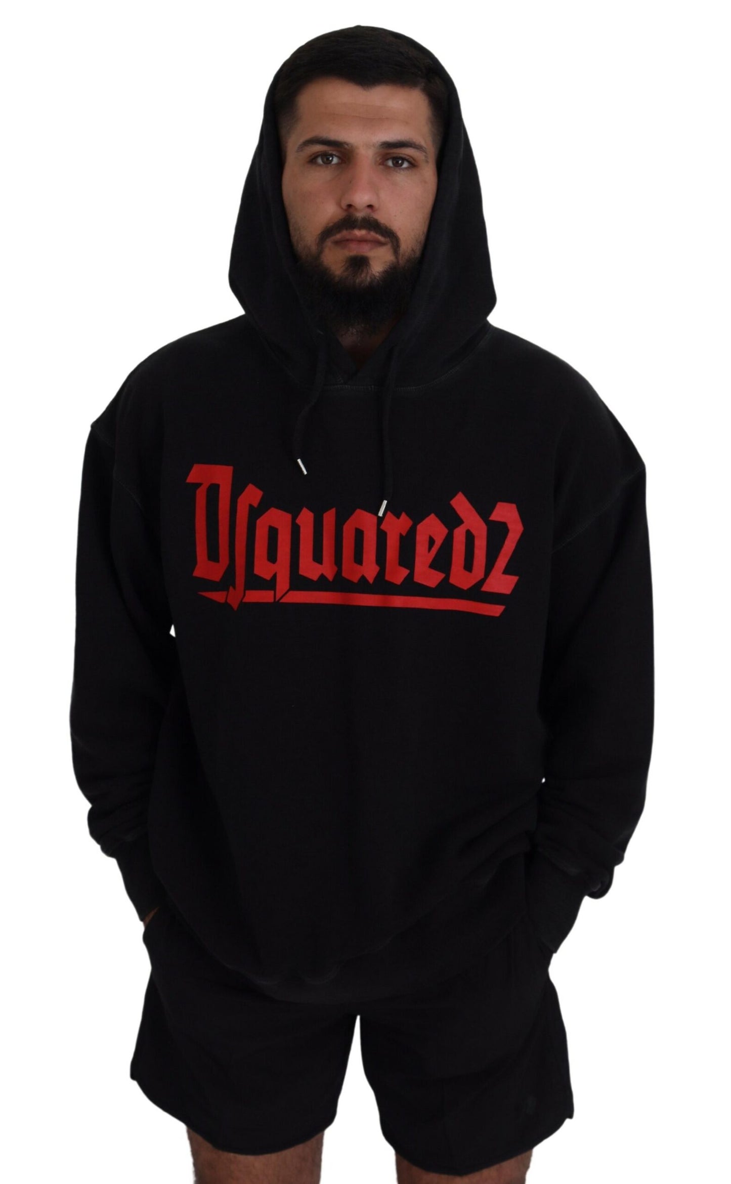 Dsquared² Black Cotton Hooded Printed Men Pullover Sweater Dsquared²