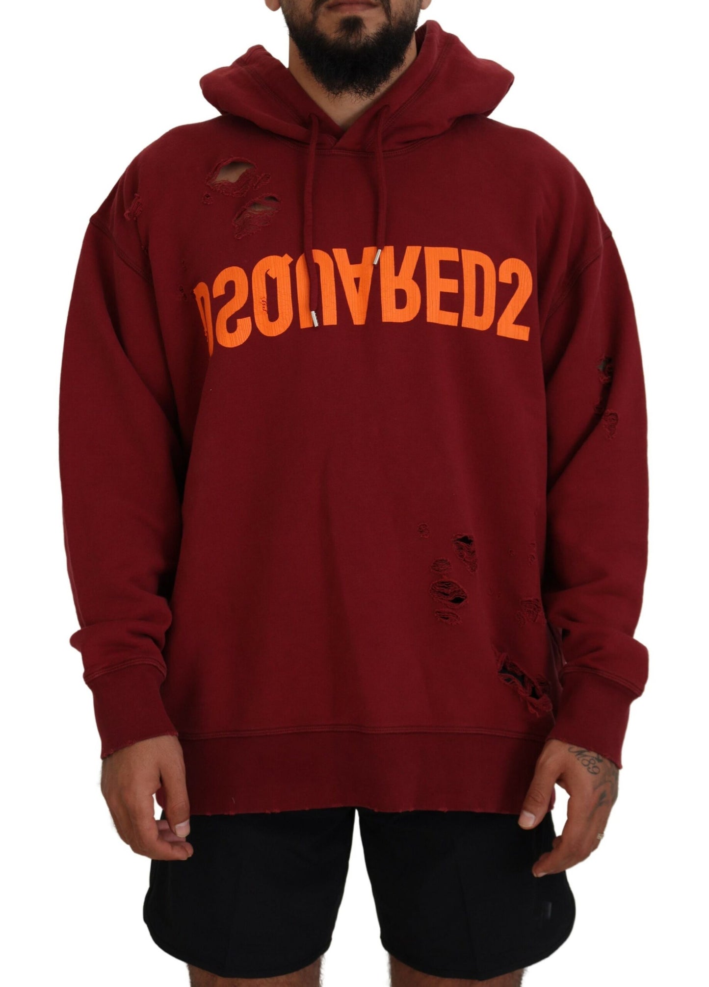 Dsquared² Maroon Cotton Tattered Hooded Printed Pullover Sweater Dsquared²