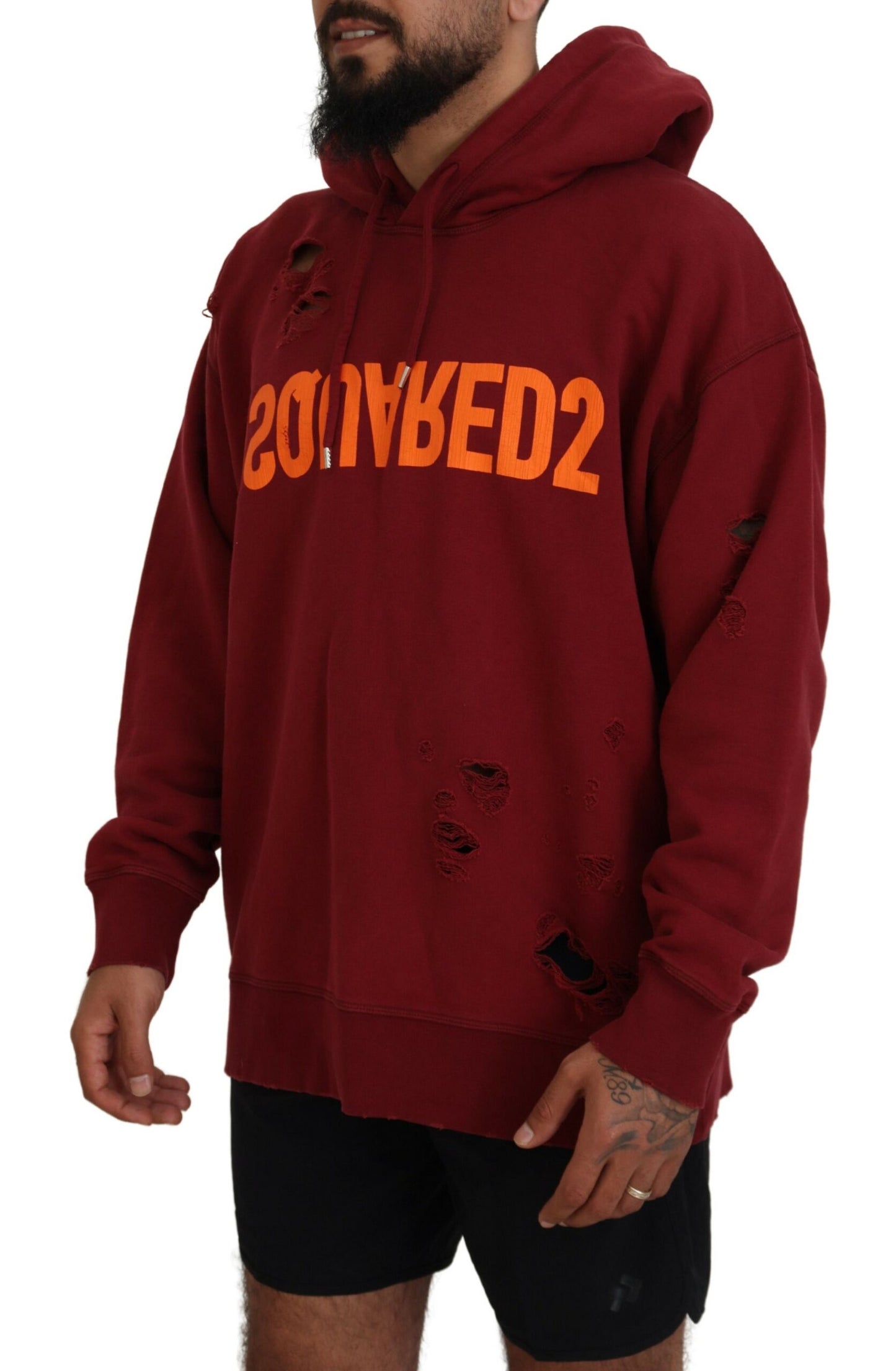 Dsquared² Maroon Cotton Tattered Hooded Printed Pullover Sweater Dsquared²