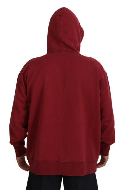 Dsquared² Maroon Cotton Tattered Hooded Printed Pullover Sweater Dsquared²