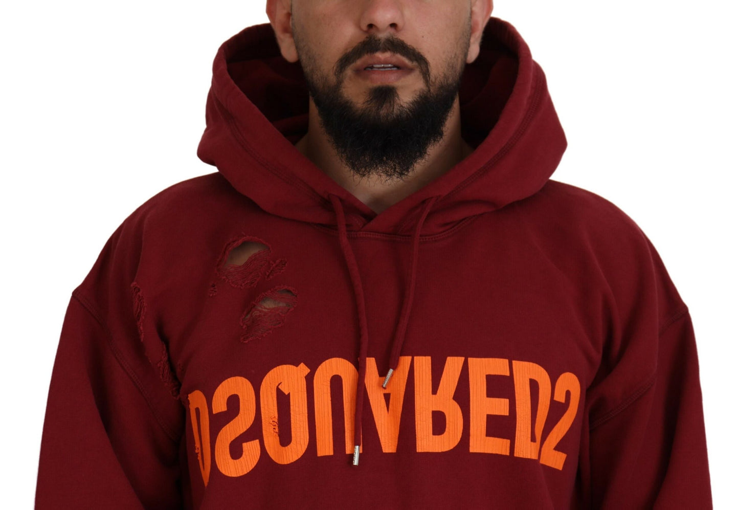 Dsquared² Maroon Cotton Tattered Hooded Printed Pullover Sweater Dsquared²