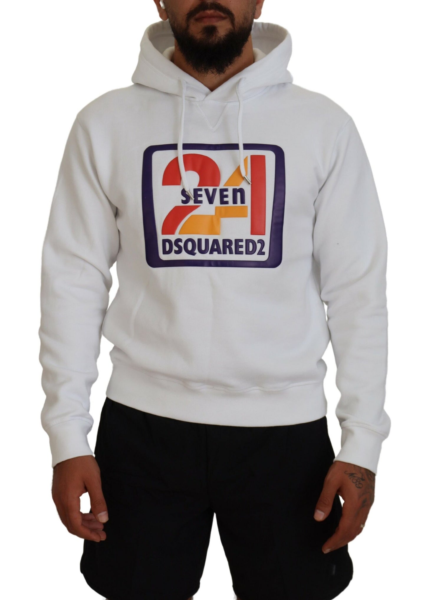 Dsquared² White Cotton Hooded Printed Men Pullover Sweater Dsquared²