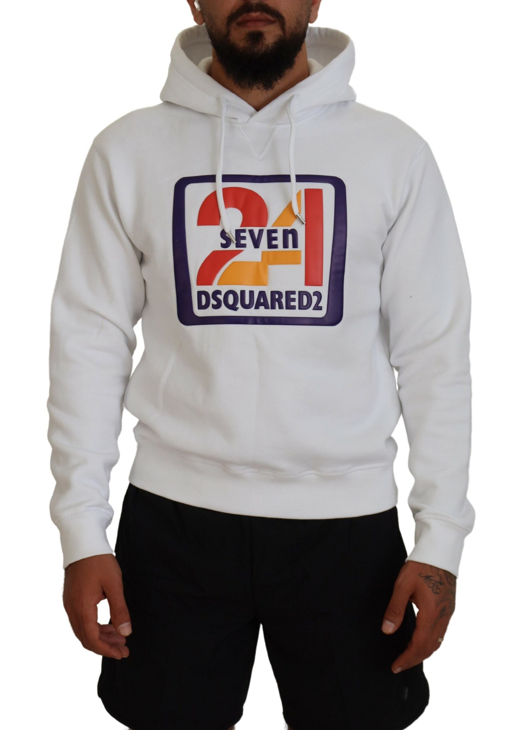 Dsquared² White Cotton Hooded Printed Men Pullover Sweater