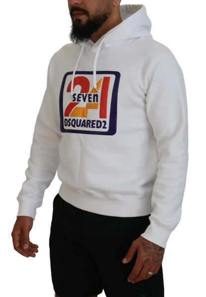 Dsquared² White Cotton Hooded Printed Men Pullover Sweater Dsquared²