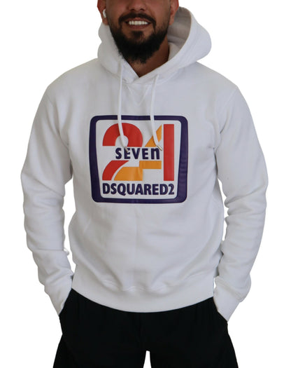 Dsquared² White Cotton Hooded Printed Men Pullover Sweater Dsquared²