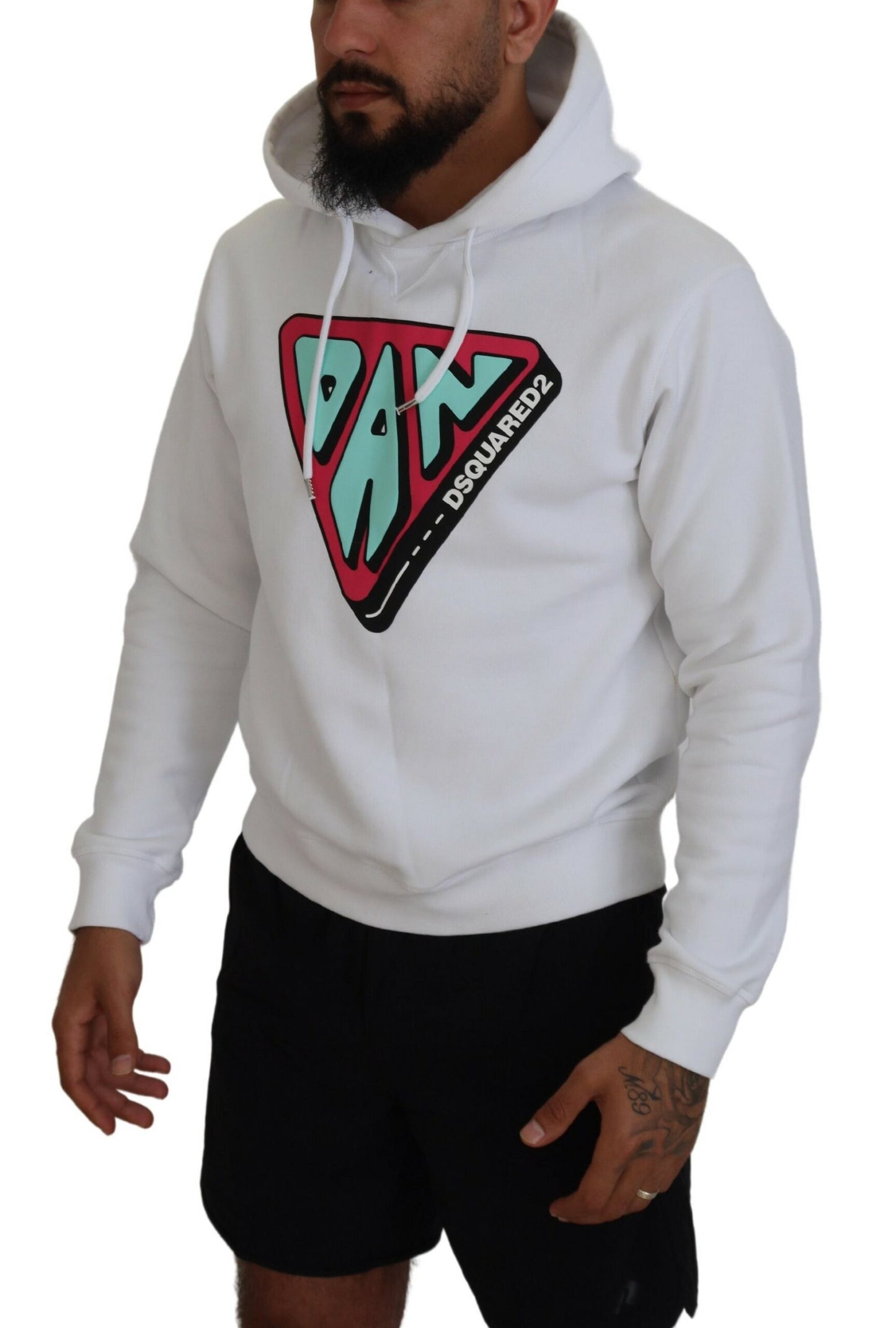 Dsquared² White Cotton Hooded Printed Pullover Sweater Dsquared²