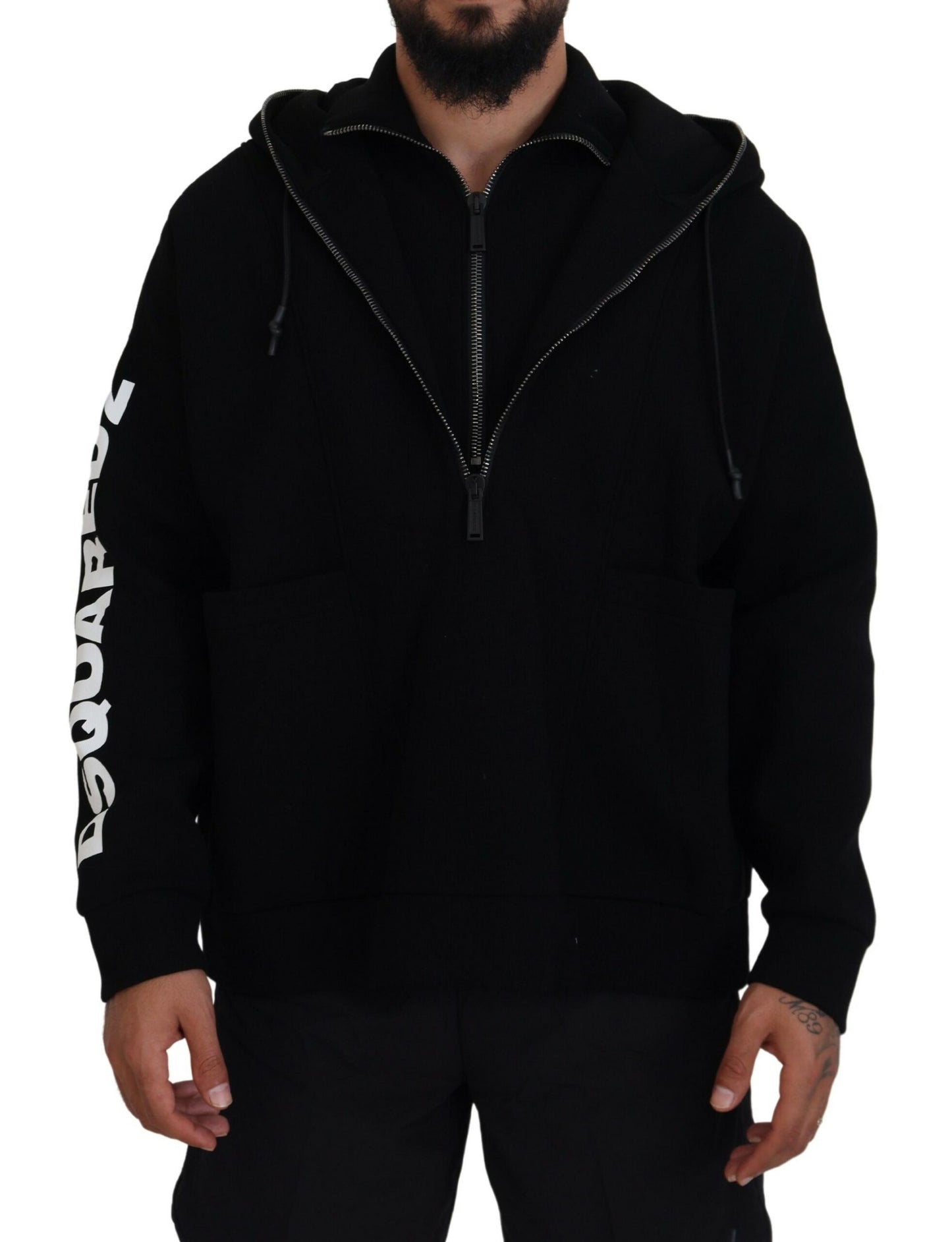 Dsquared² Black Hooded Printed Sleeves Double Zip Sweater Dsquared²