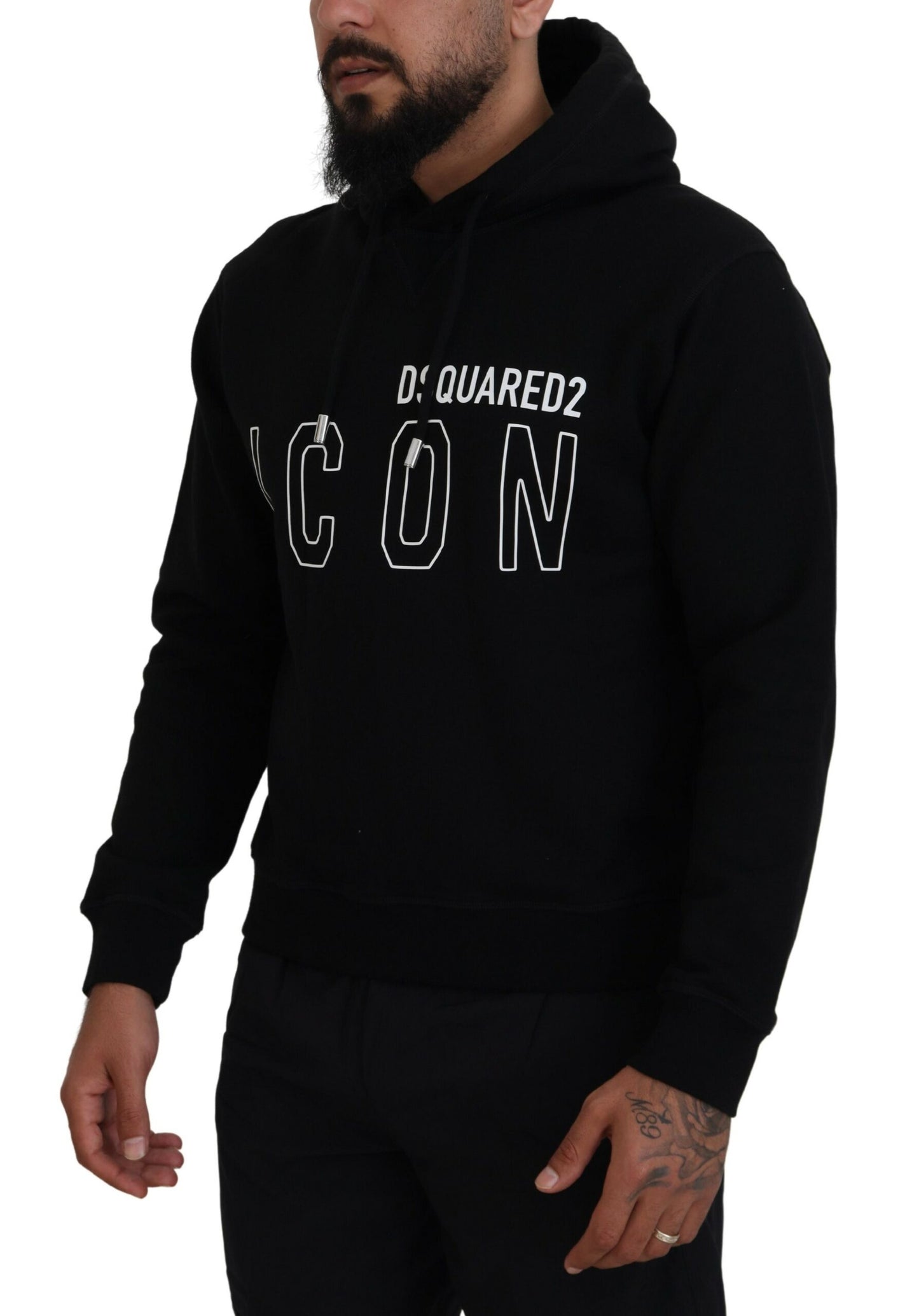 Dsquared² Black Cotton Hooded Printed Men Pullover Sweater Dsquared²