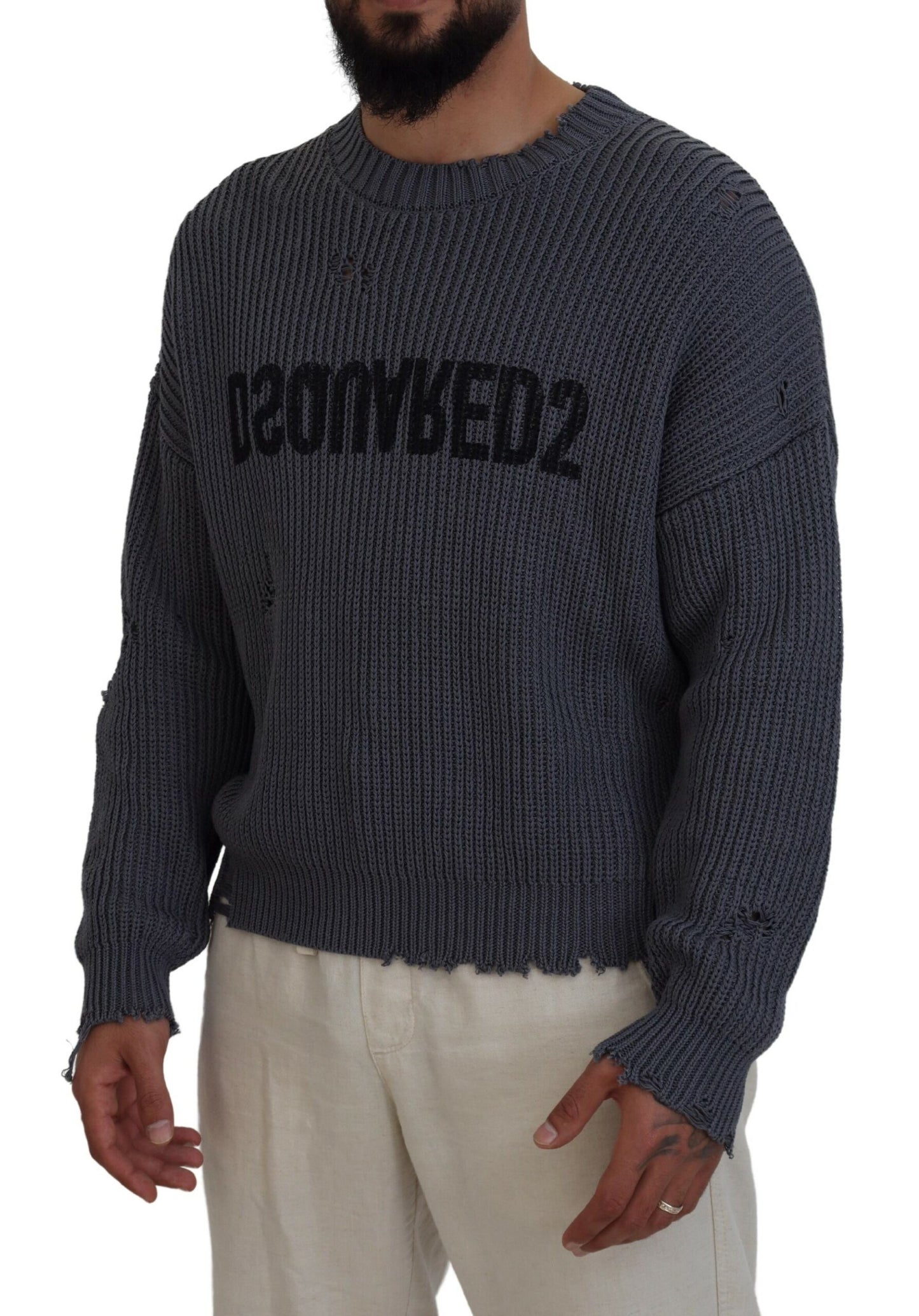 Dsquared² Gray Men Tattered Knitted Pullover Sweater Dsquared²