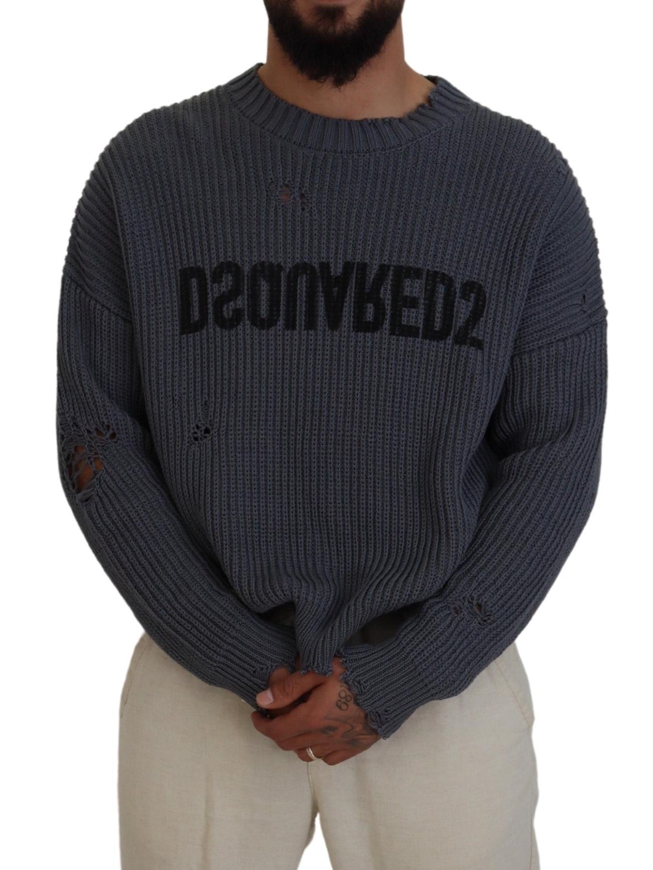 Dsquared² Gray Men Tattered Knitted Pullover Sweater Dsquared²