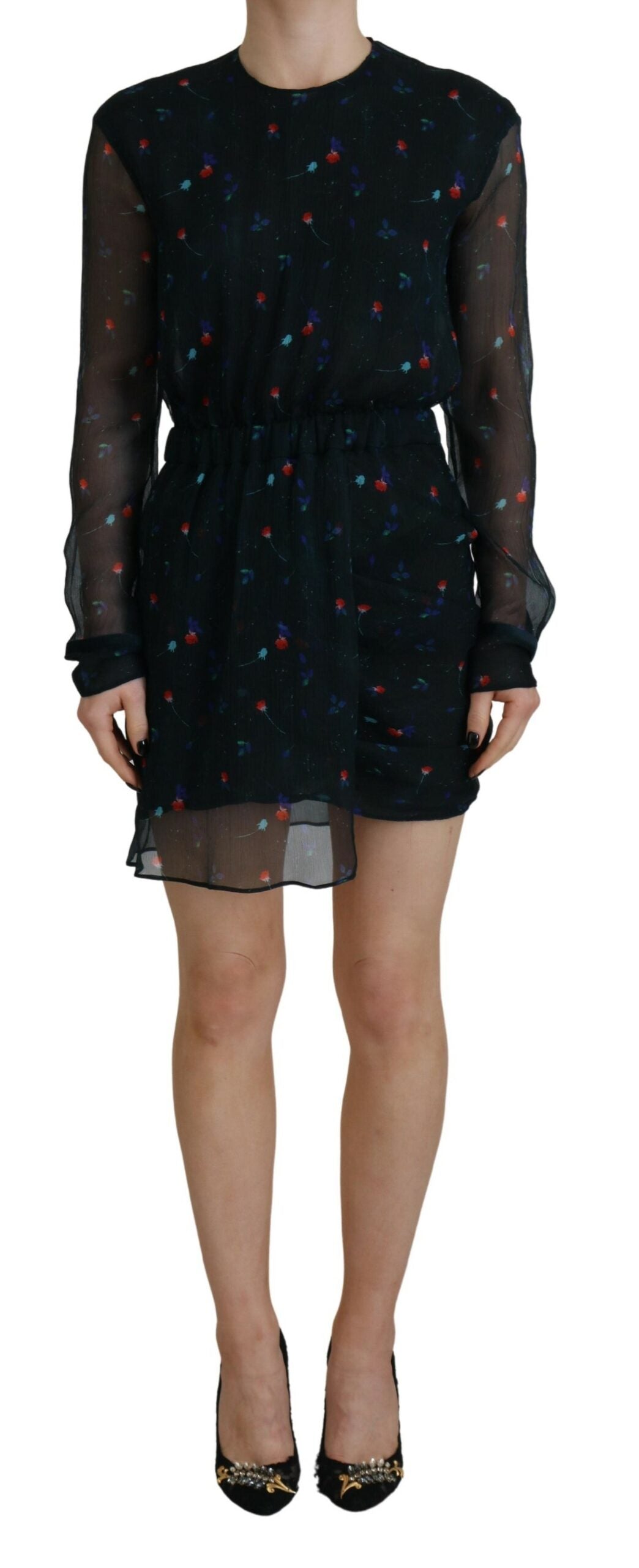 Dsquared² Black Floral Silk Long Sleeves Sheath Mini Dress Dsquared²