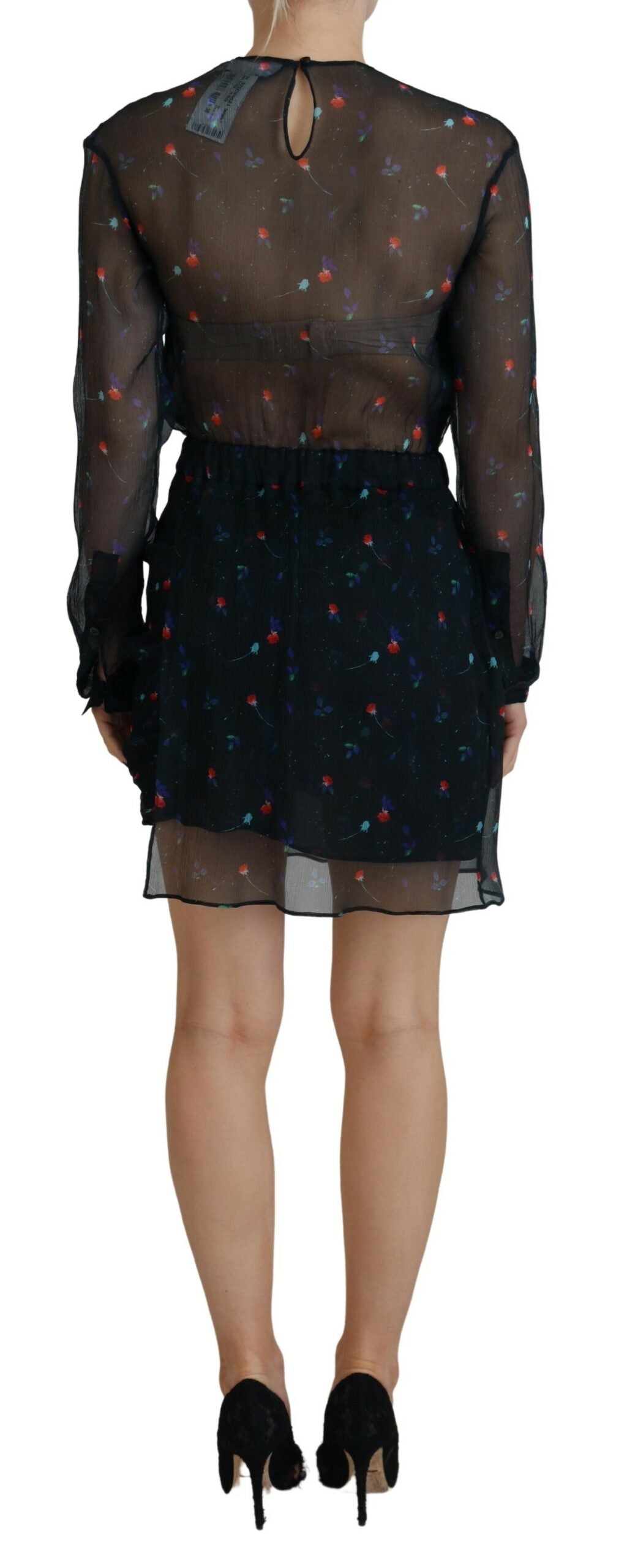 Dsquared² Black Floral Silk Long Sleeves Sheath Mini Dress Dsquared²