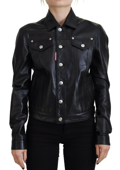 Dsquared² Black Leather Collared Long Sleeves Jacket Dsquared²