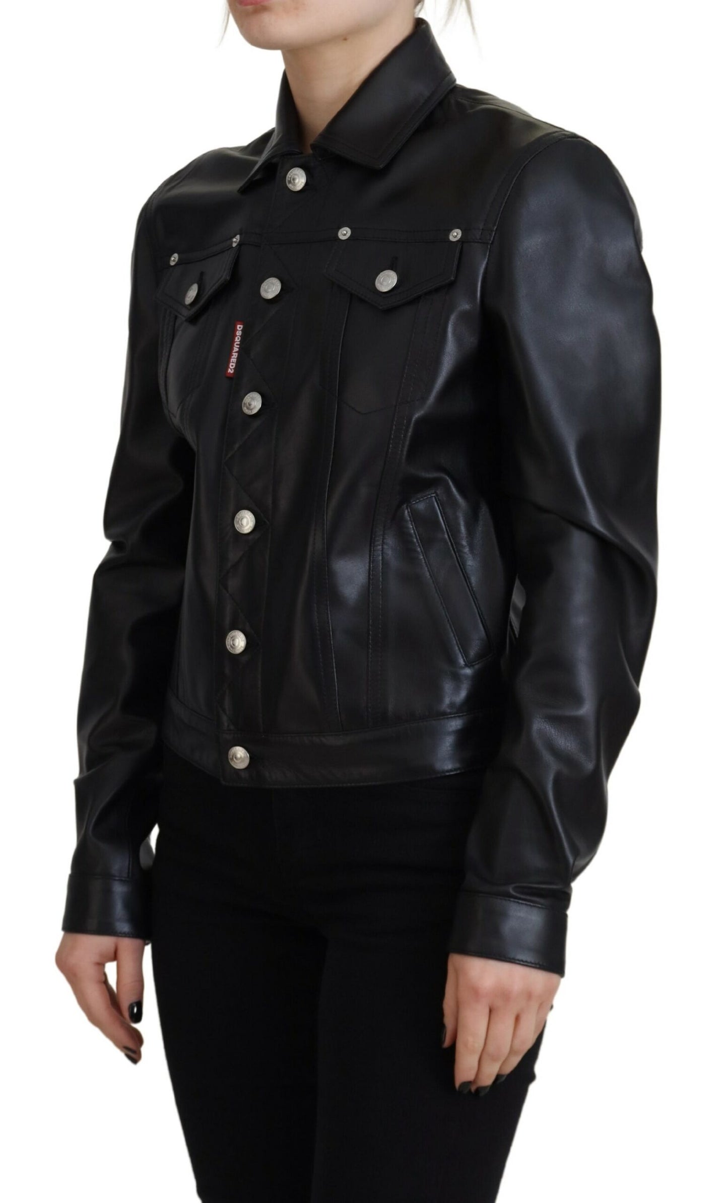 Dsquared² Black Leather Collared Long Sleeves Jacket Dsquared²