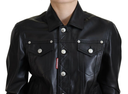 Dsquared² Black Leather Collared Long Sleeves Jacket Dsquared²