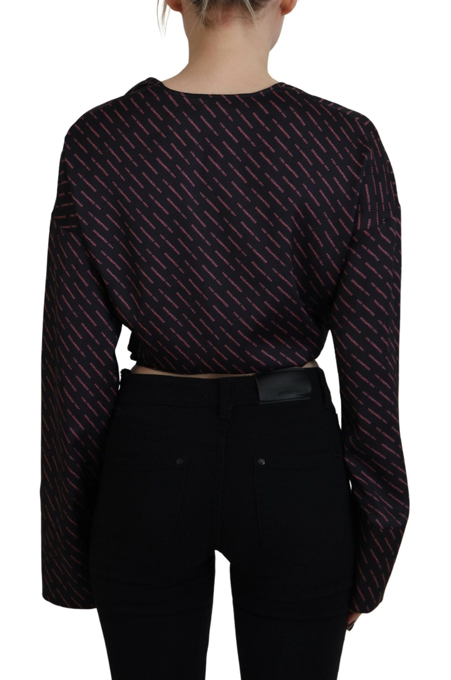 Dsquared² Black Polyester Cropped Logo Printed Blouse Top Dsquared²