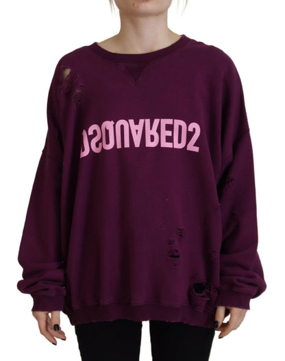 Dsquared² Purple Cotton Distressed Printed Long Sleeve Sweater Dsquared²