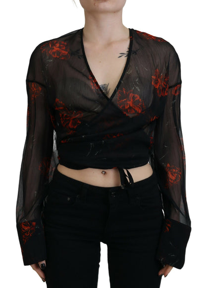 Dsquared² Black Floral Print Cropped Wrap Long Sleeves Top Dsquared²