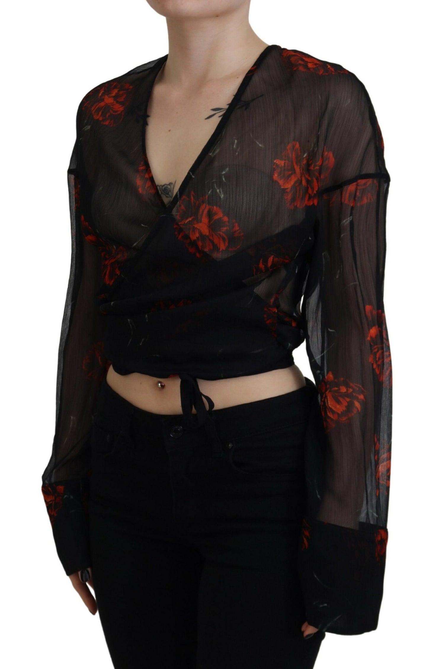 Dsquared² Black Floral Print Cropped Wrap Long Sleeves Top Dsquared²