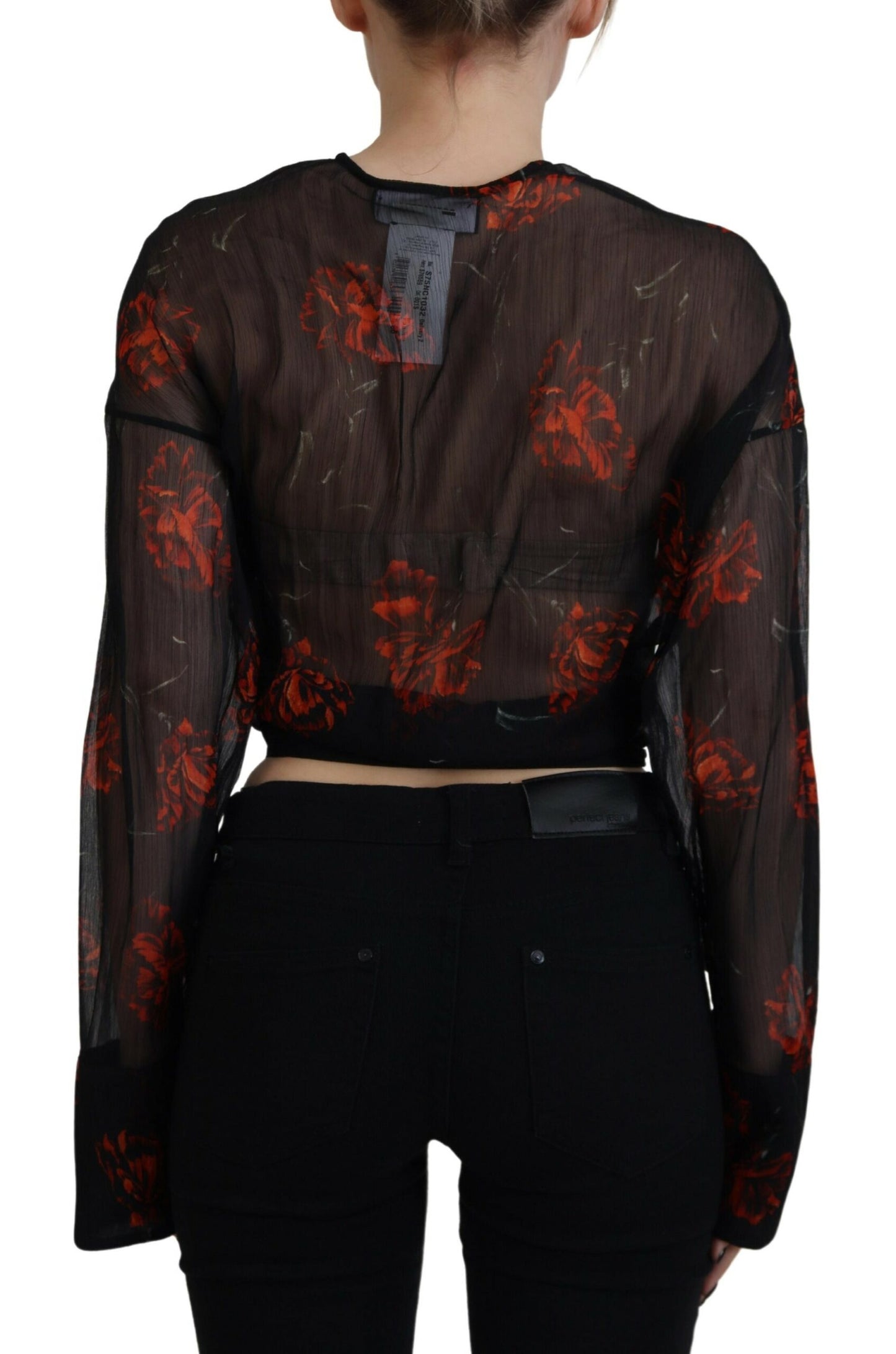 Dsquared² Black Floral Print Cropped Wrap Long Sleeves Top Dsquared²