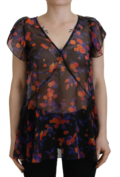 Dsquared² Black Floral Print Short Sleeves V-neck Blouse Top Dsquared²