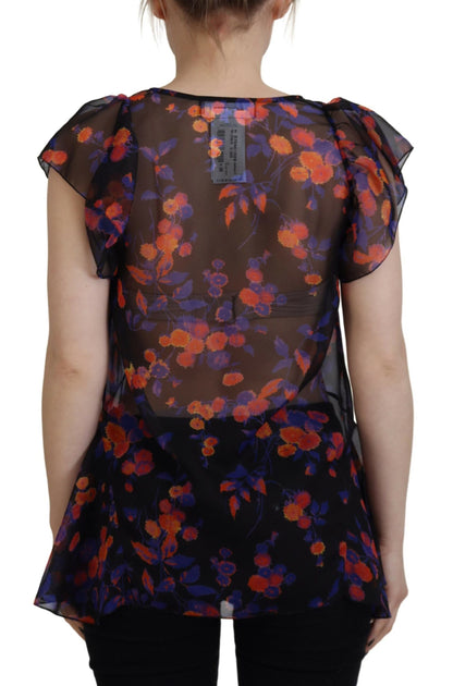 Dsquared² Black Floral Print Short Sleeves V-neck Blouse Top Dsquared²