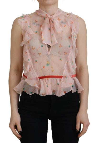 Dsquared² Pink Floral Print Silk Sleeveless Ascot Collar Top Dsquared²