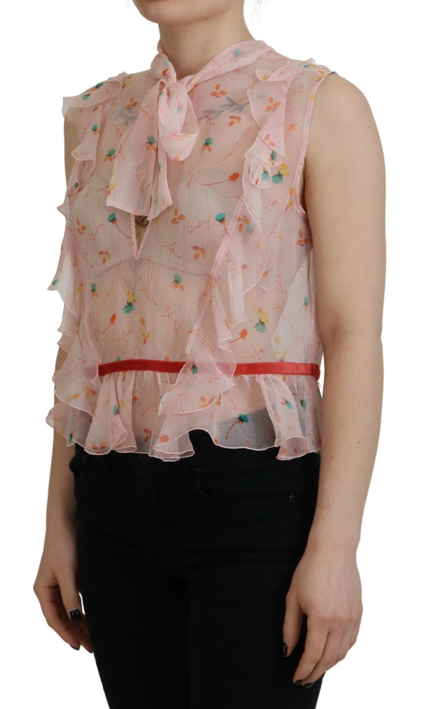 Dsquared² Pink Floral Print Silk Sleeveless Ascot Collar Top Dsquared²