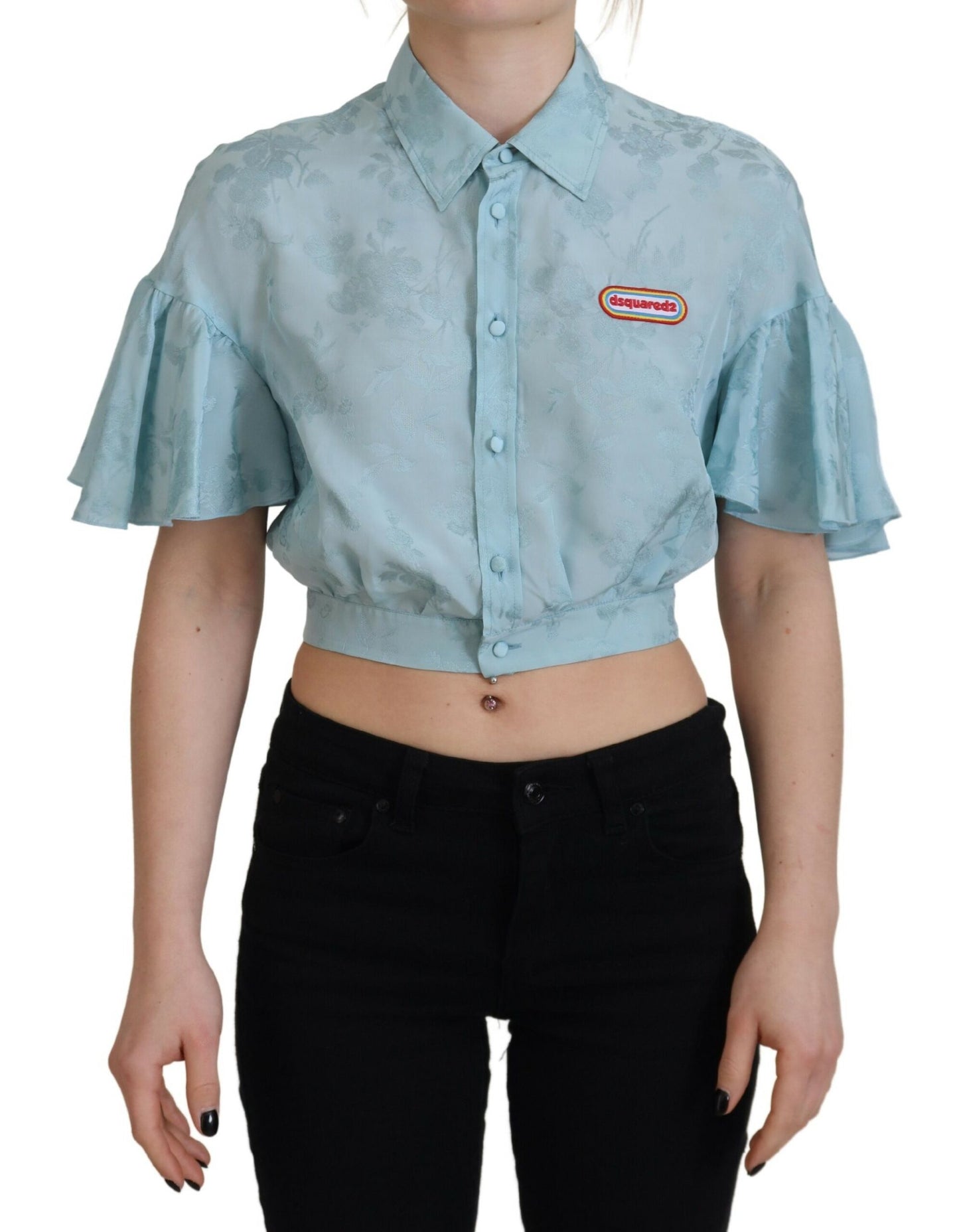 Dsquared² Blue Collared Button Down Short Sleeve Cropped Top Dsquared²