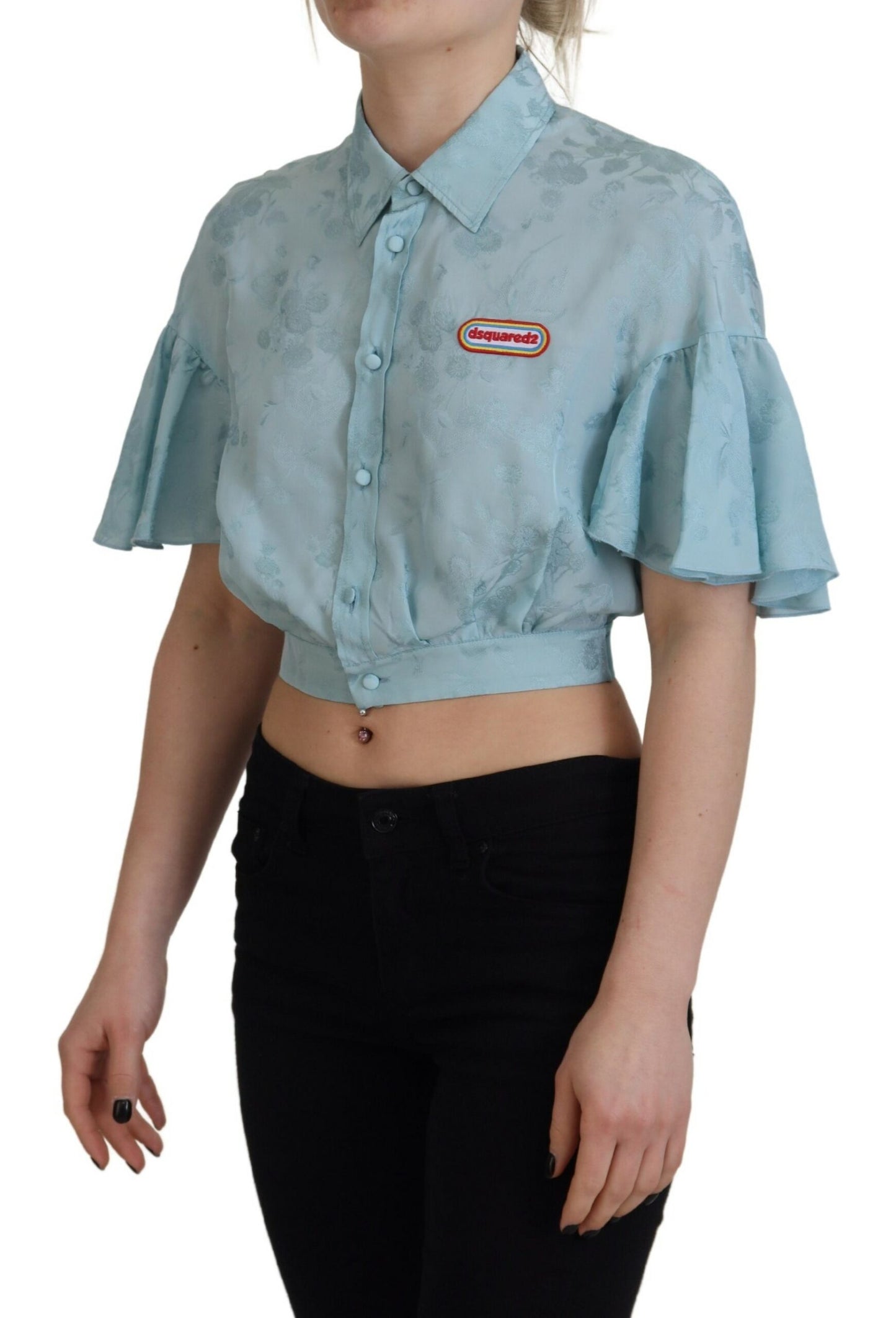 Dsquared² Blue Collared Button Down Short Sleeve Cropped Top Dsquared²