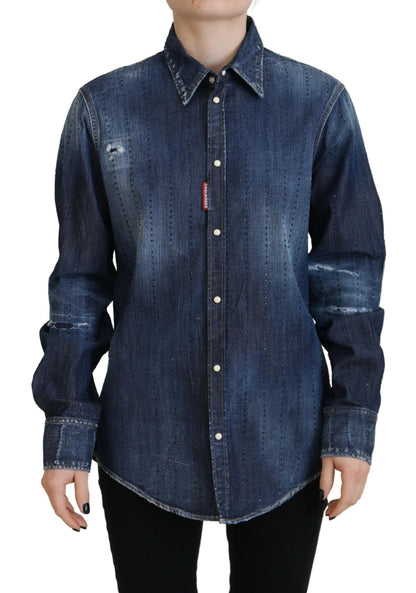 Dsquared² Blue Washed Cotton Button Down Collared Denim Top Dsquared²