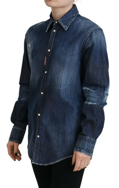 Dsquared² Blue Washed Cotton Button Down Collared Denim Top Dsquared²