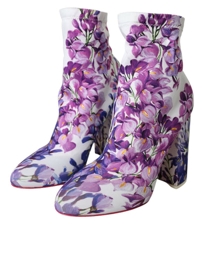 Dolce & Gabbana White Floral Jersey Stretch Boots Shoes Dolce & Gabbana