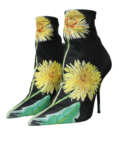 Dolce & Gabbana Black Floral Jersey Stretch Ankle Boots Shoes Dolce & Gabbana