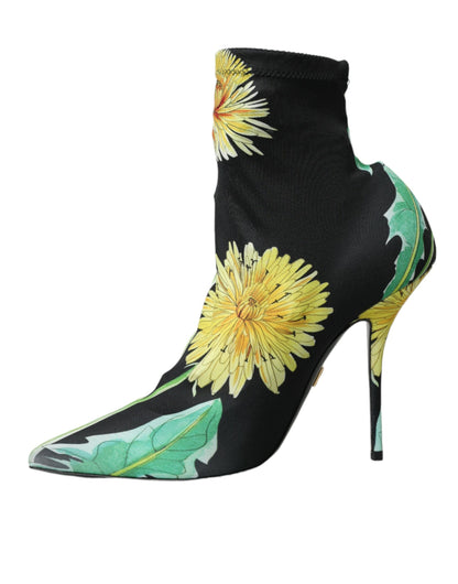 Dolce & Gabbana Black Floral Jersey Stretch Ankle Boots Shoes Dolce & Gabbana