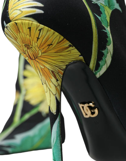 Dolce & Gabbana Black Floral Jersey Stretch Ankle Boots Shoes Dolce & Gabbana