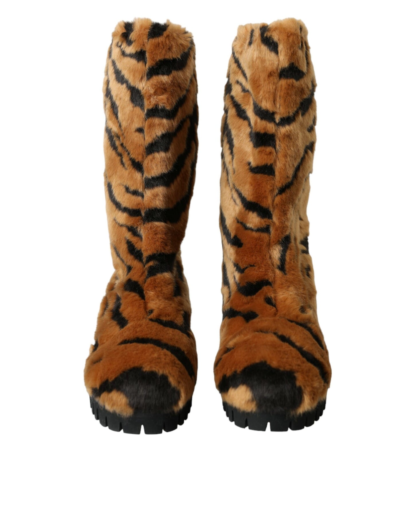 Dolce & Gabbana Brown Tiger Fur Leather Mid Calf Boots Shoes Dolce & Gabbana