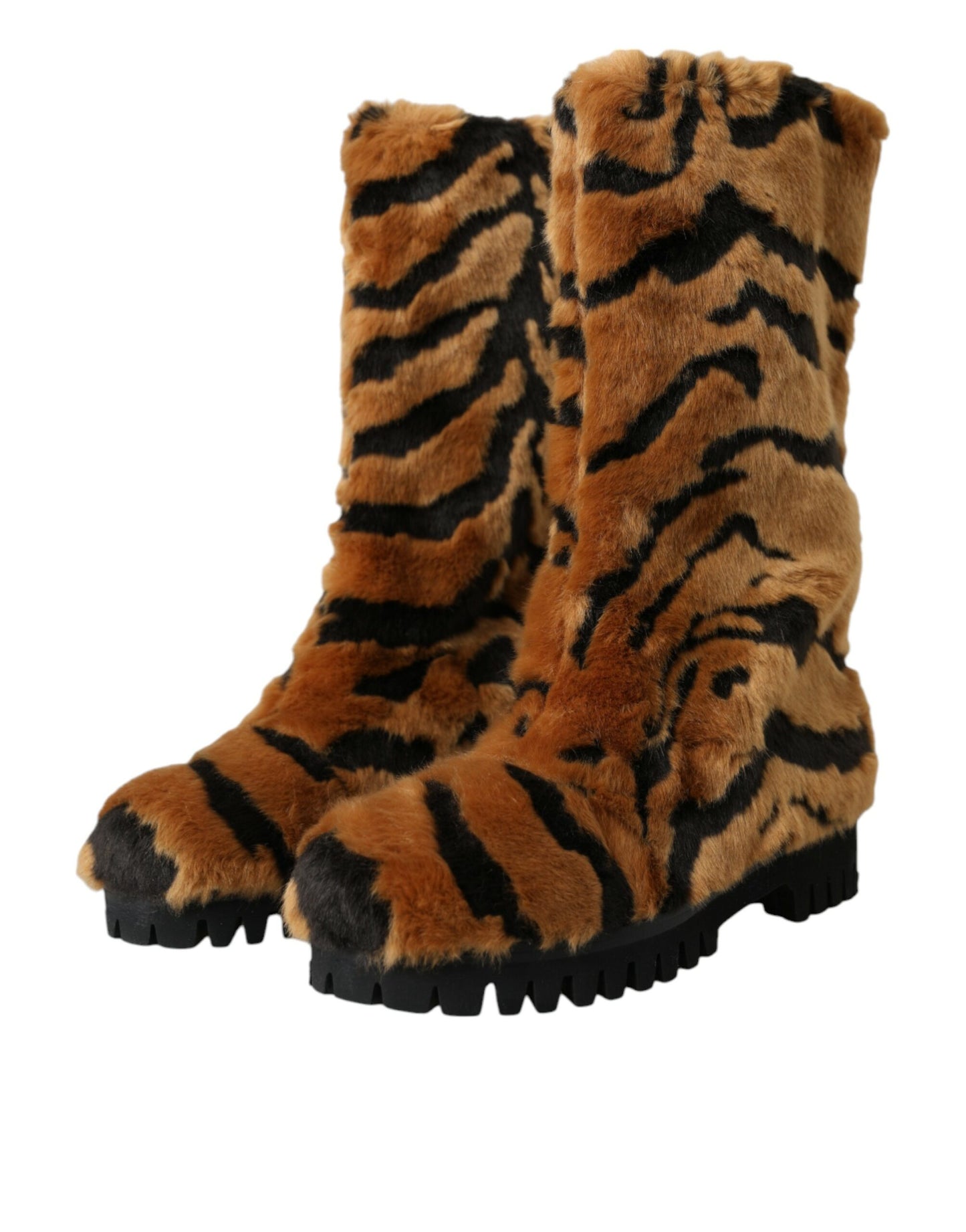 Dolce & Gabbana Brown Tiger Fur Leather Mid Calf Boots Shoes Dolce & Gabbana