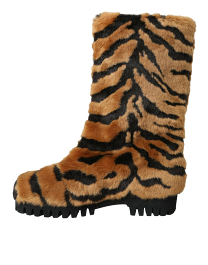 Dolce & Gabbana Brown Tiger Fur Leather Mid Calf Boots Shoes Dolce & Gabbana