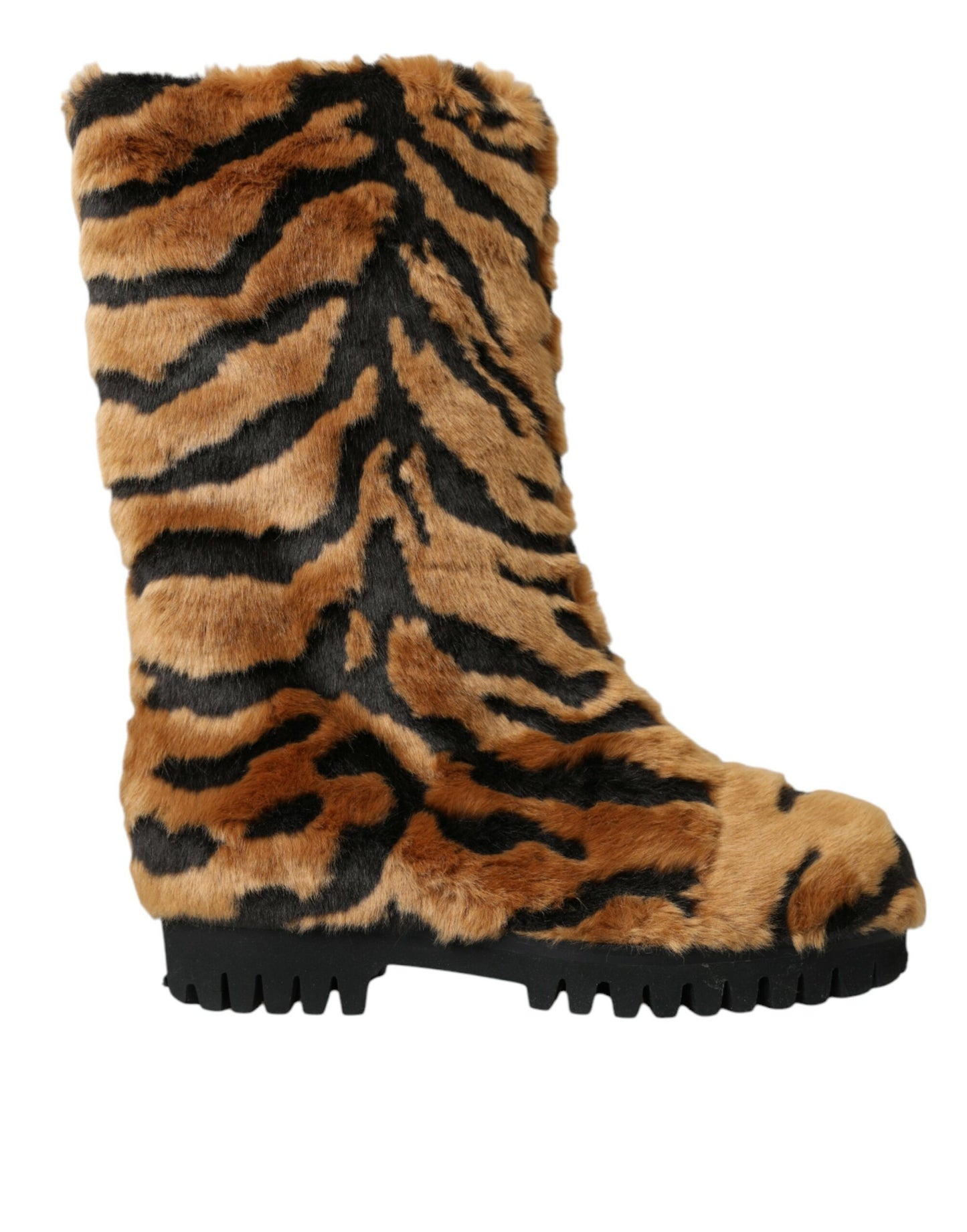 Dolce & Gabbana Brown Tiger Fur Leather Mid Calf Boots Shoes Dolce & Gabbana