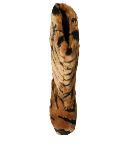 Dolce & Gabbana Brown Tiger Fur Leather Mid Calf Boots Shoes Dolce & Gabbana