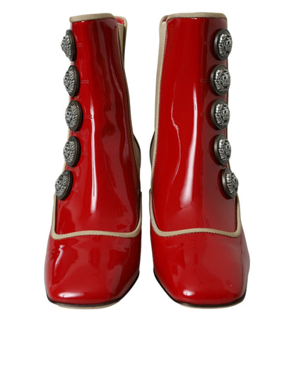 Dolce & Gabbana Red Beige Leather Embellished Mid Calf Boots Shoes Dolce & Gabbana